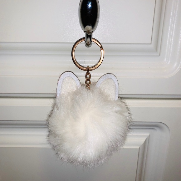 White Fluffy Pom Pom with Bunny Ears Keychain